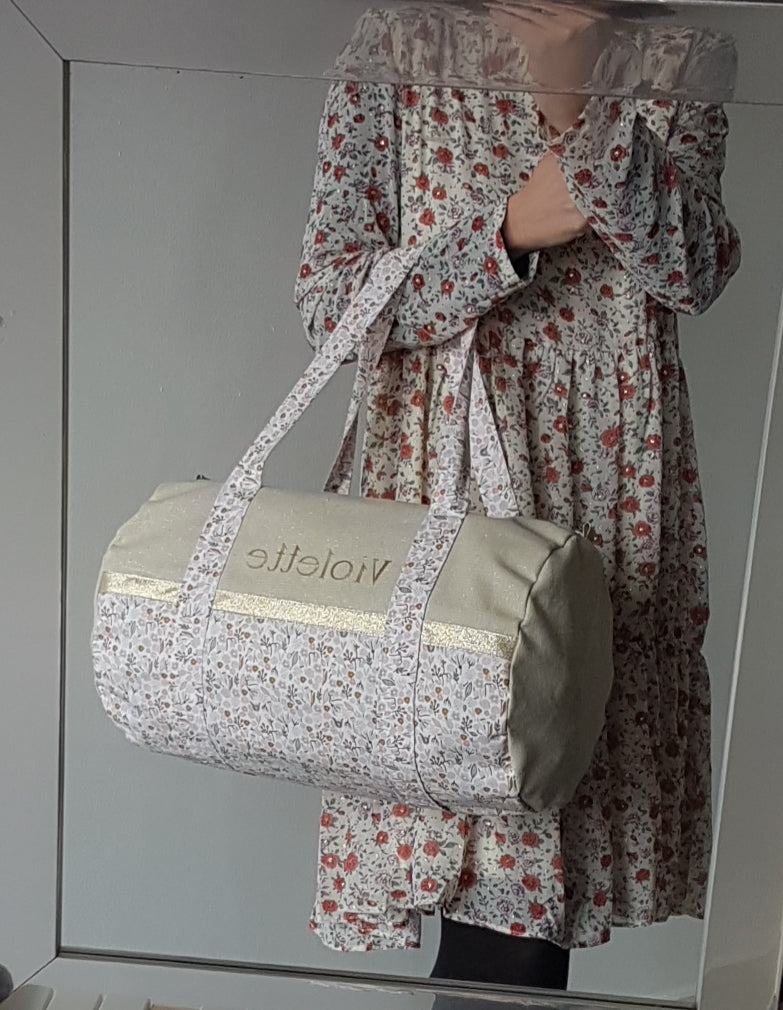 Sac polochon en coton beige scintillant et liberty rose et gris