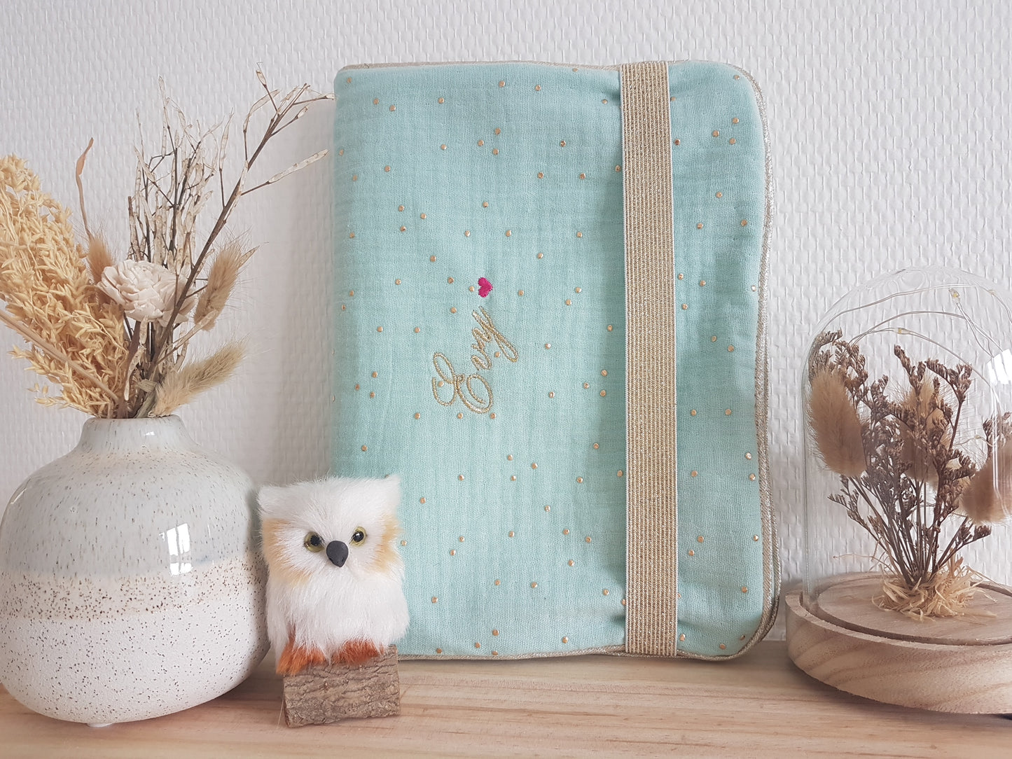 Pochette à barrettes et accessoires coiffure, double gaze de coton à pois dorés