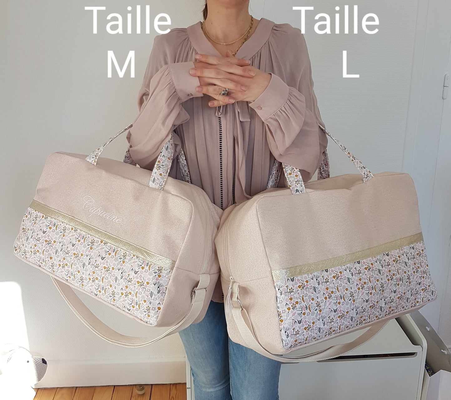 Wickel- oder Reisetasche, schimmerndes Beige und Orange Liberty