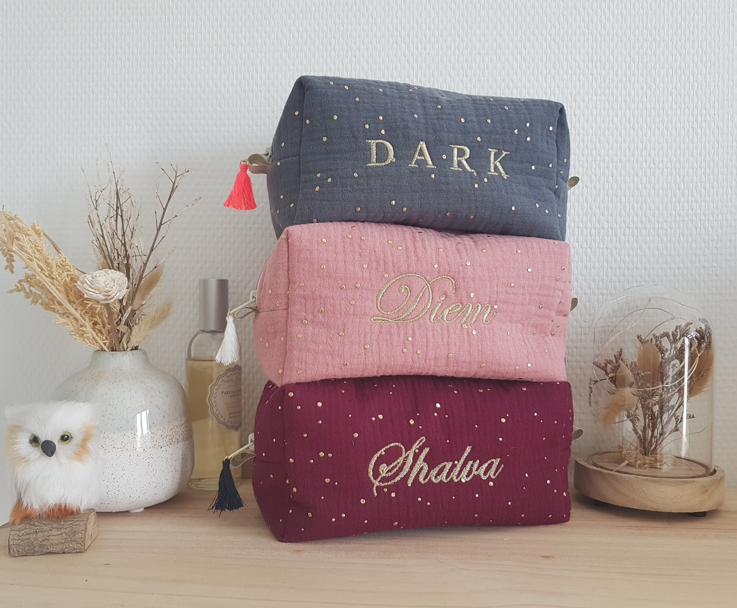 Trousse à maquillage double gaze de coton à pois dorés (broderie prénom)