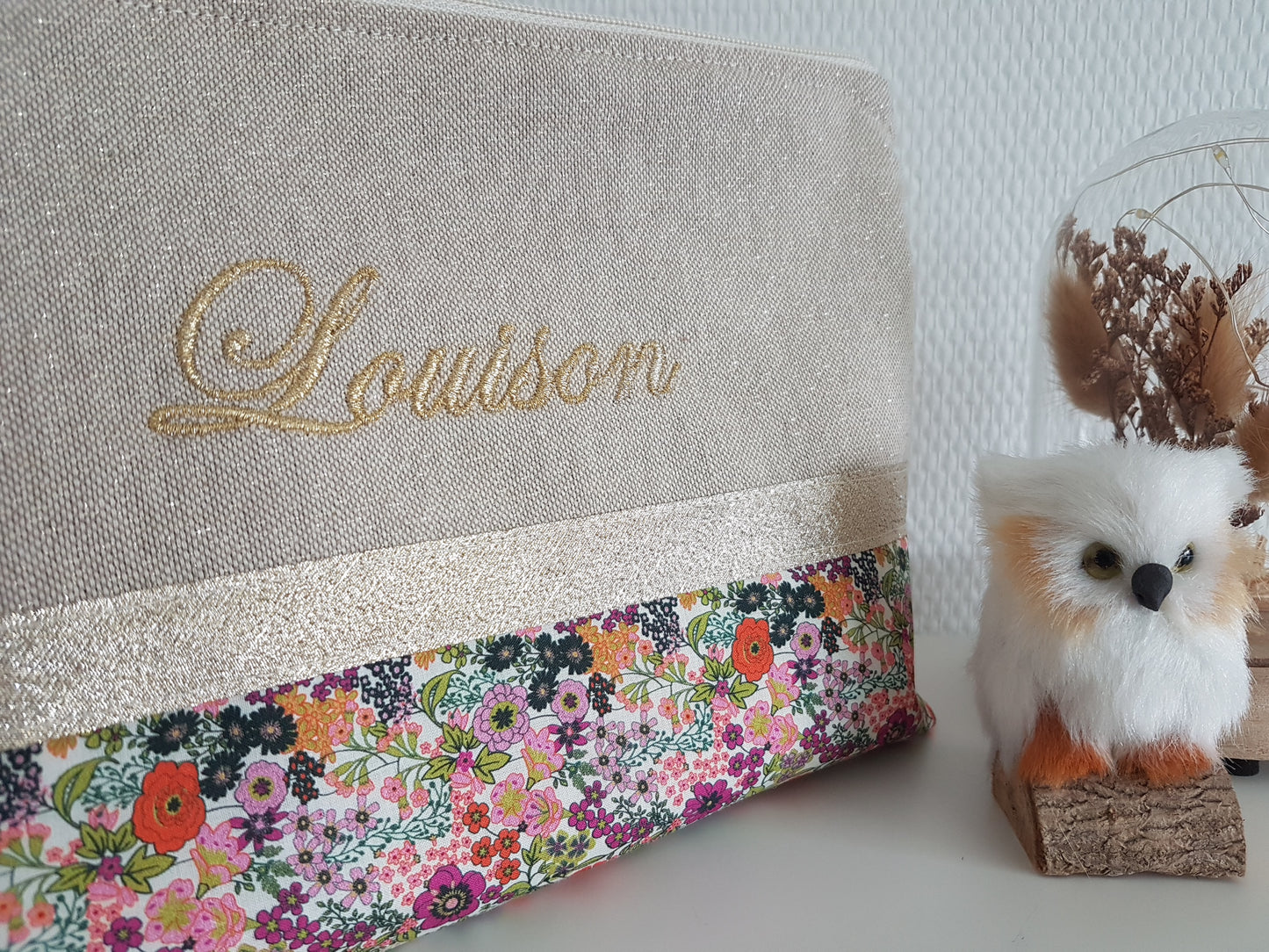 Grande pochette / trousse beige scintillant et liberty orange