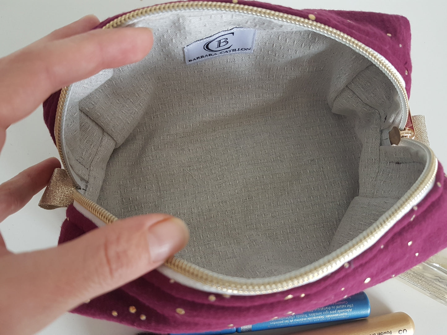 Double cotton gauze makeup bag with gold polka dots (name embroidery)