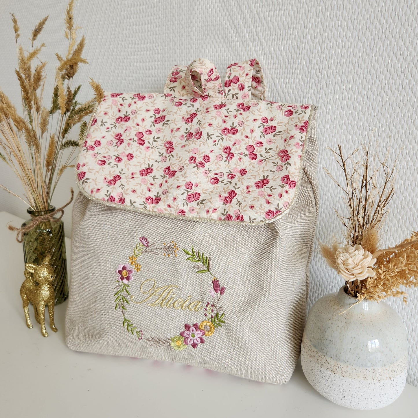 Sac à dos maternelle enfant brodé, coton scintillant et liberty