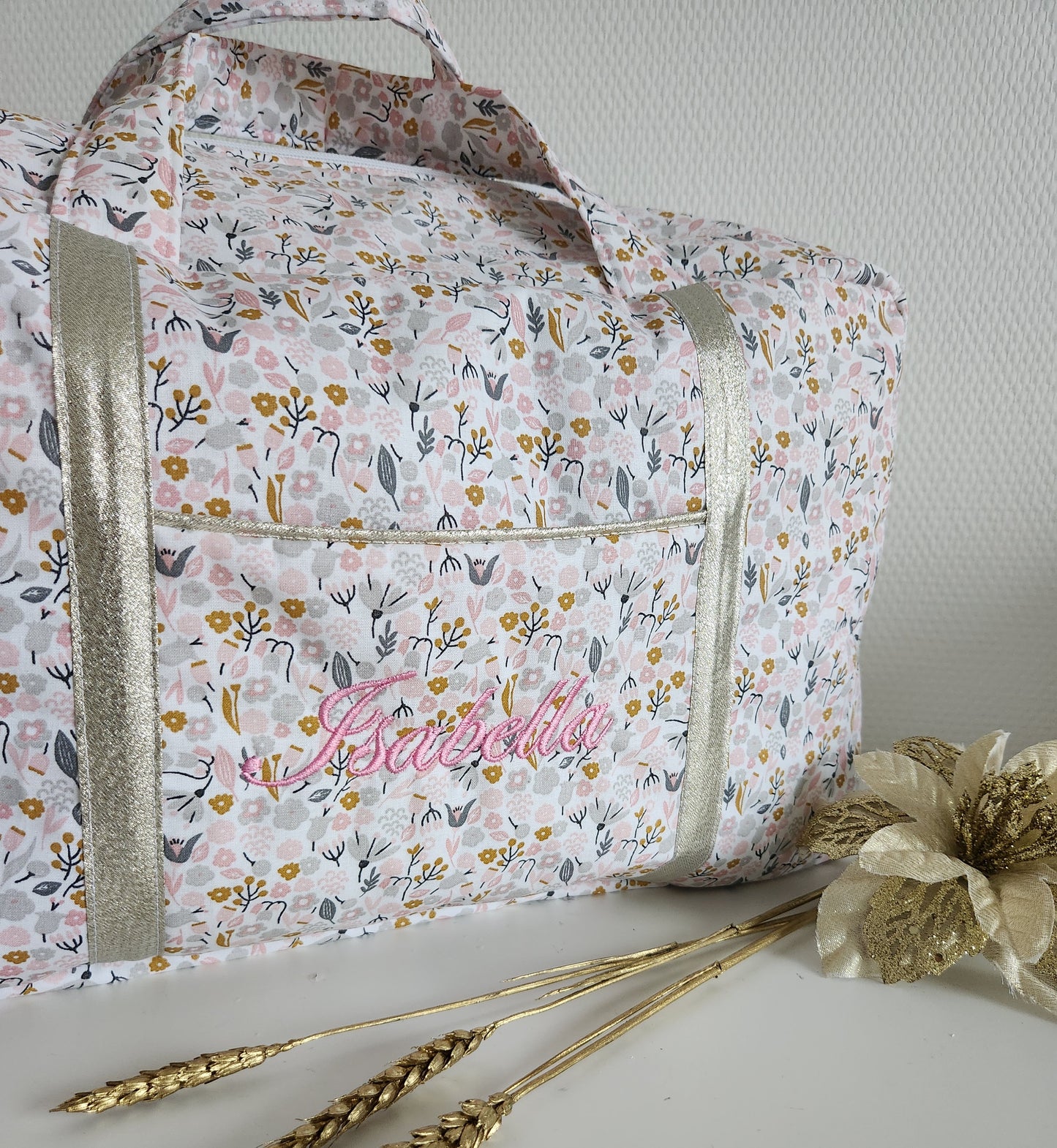 Sac à langer ou de voyage, coton fleuri molletonné rose pâle et gris