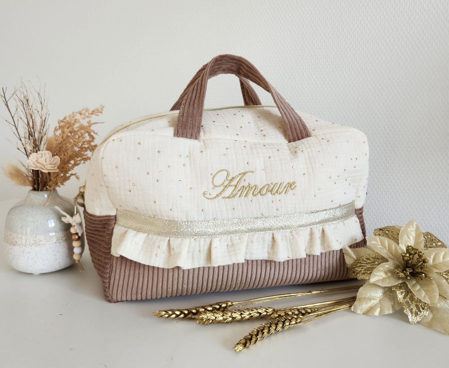 Valisette gaze de coton écrue et velours côtelé beige