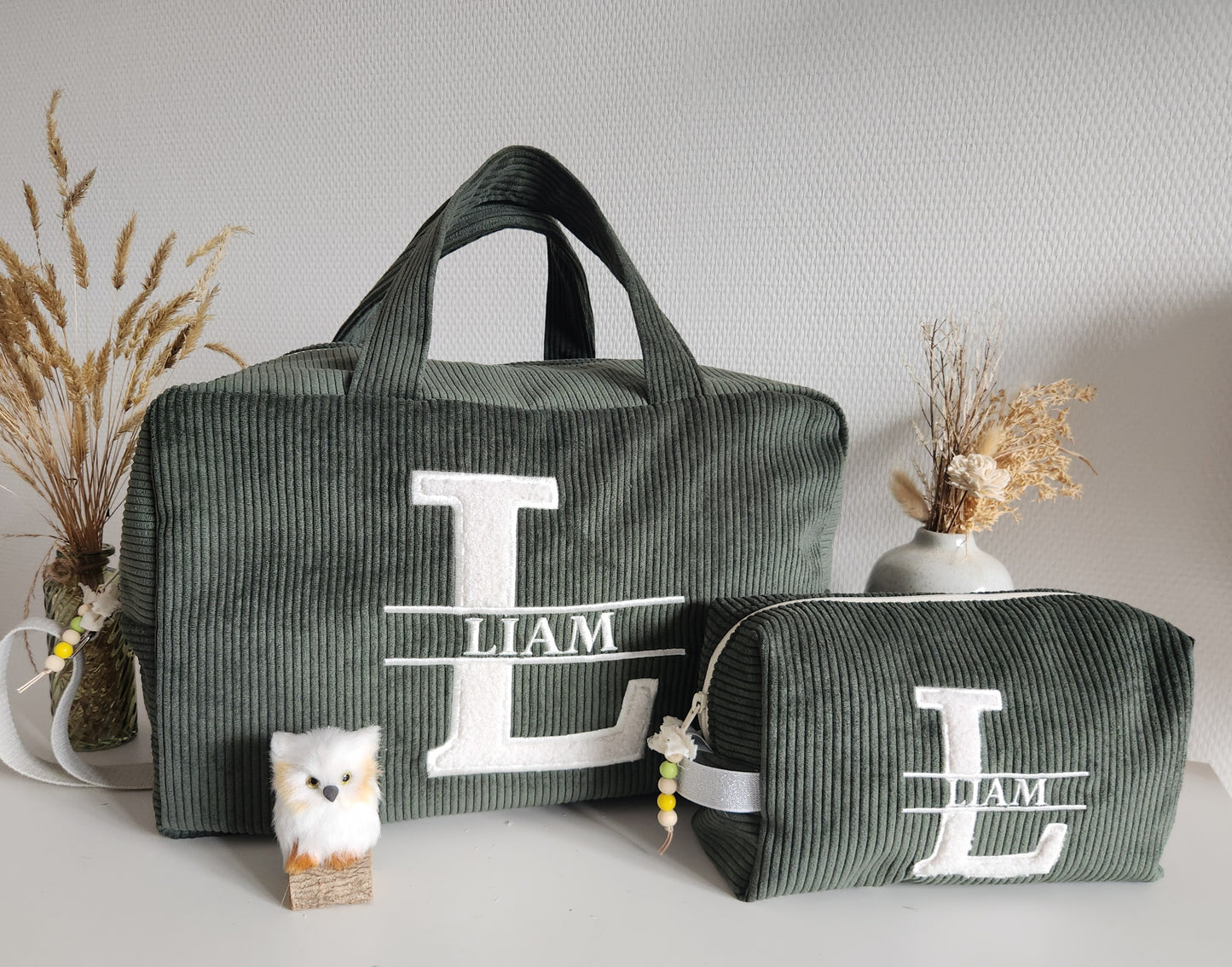 Sac à langer velours côtelé et lettre moumoute