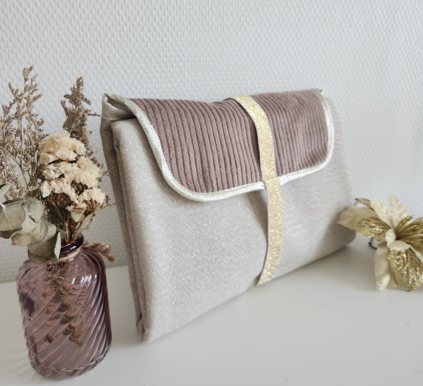 Tapis à langer nomade, beige scintillant et velours côtelé beige
