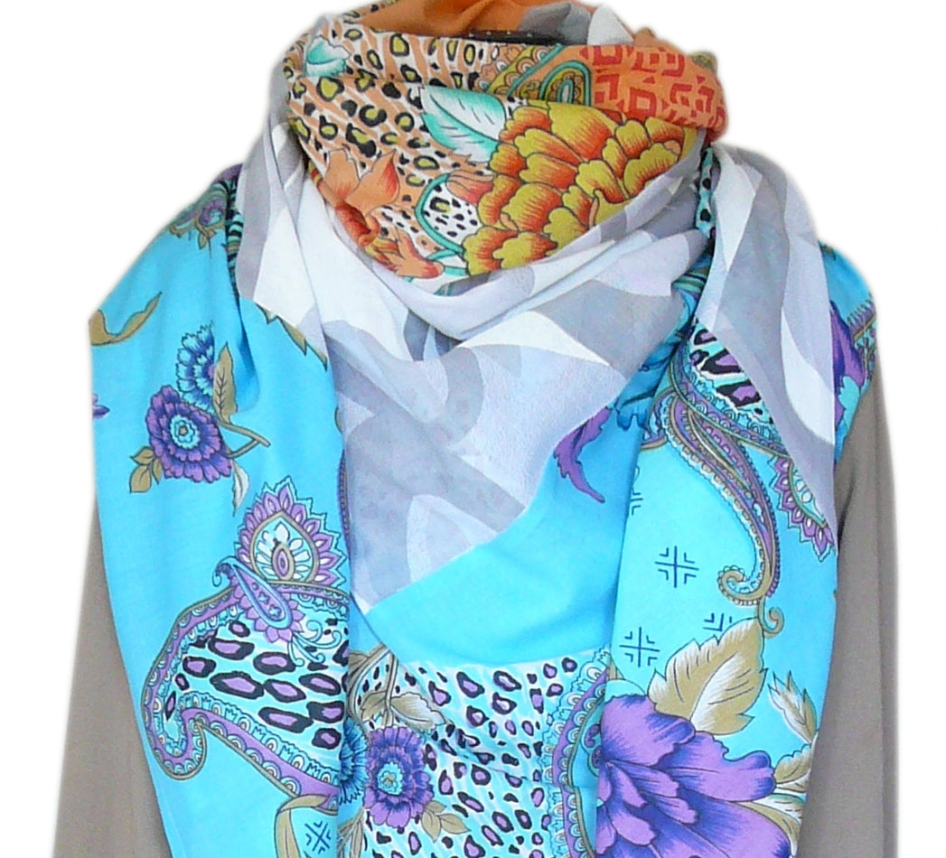 Grand foulard carré pour femme, patchwork, oversize, en voile de coton