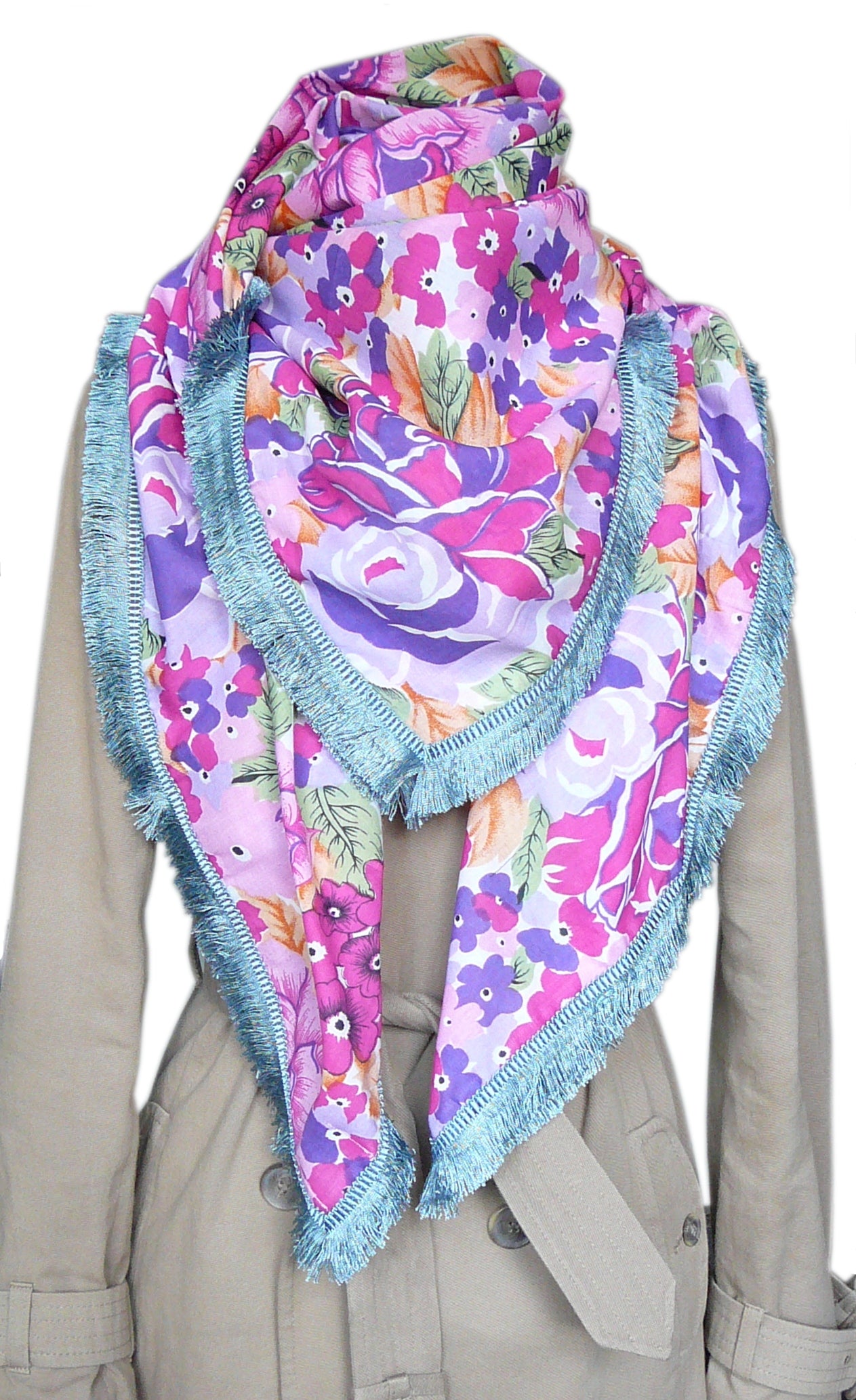Grand foulard carré femme en voile de coton fleuri rose/violet
