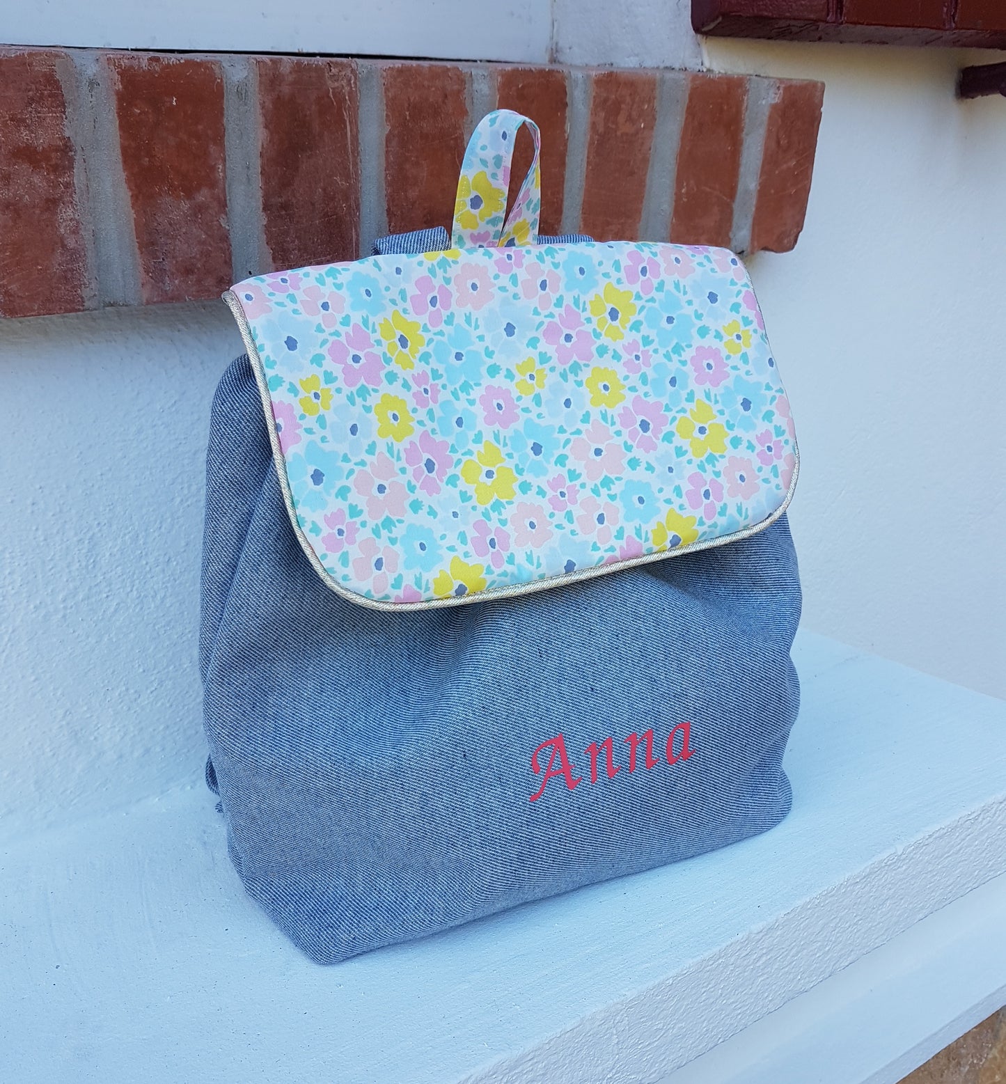 Sac à dos maternelle jean et liberty pastel fluo