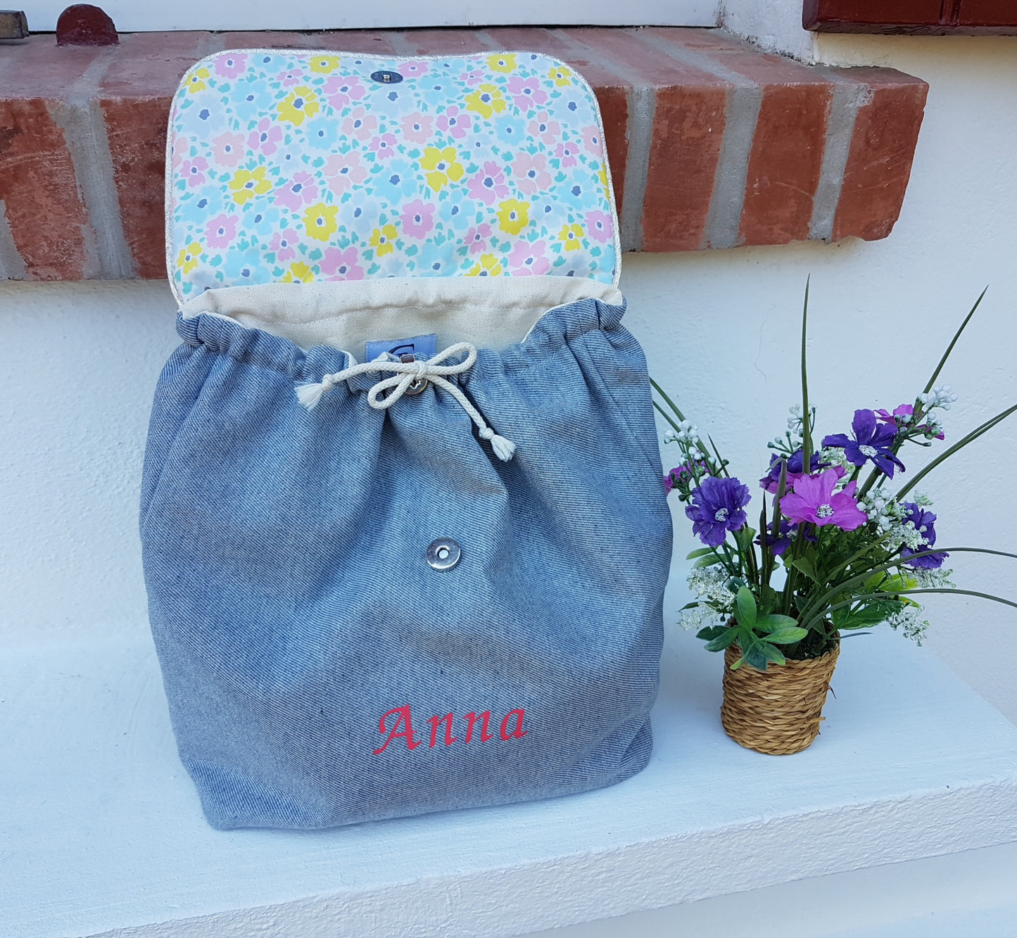 Sac à dos maternelle jean et liberty pastel fluo