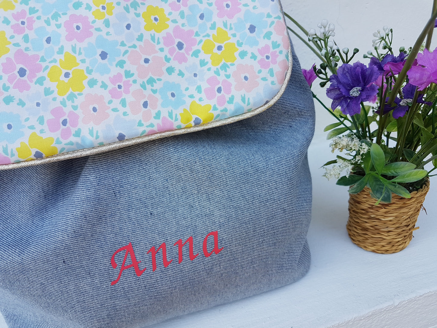 Sac à dos maternelle jean et liberty pastel fluo