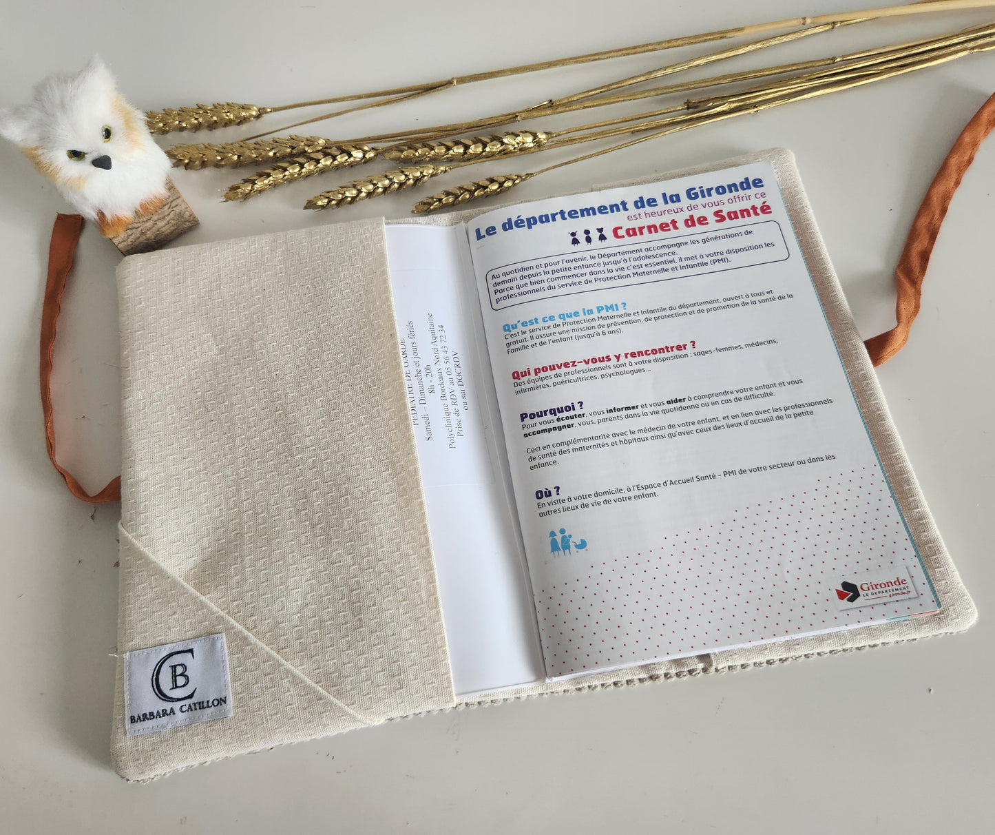 Protège carnet de santé, velours et broderie renard