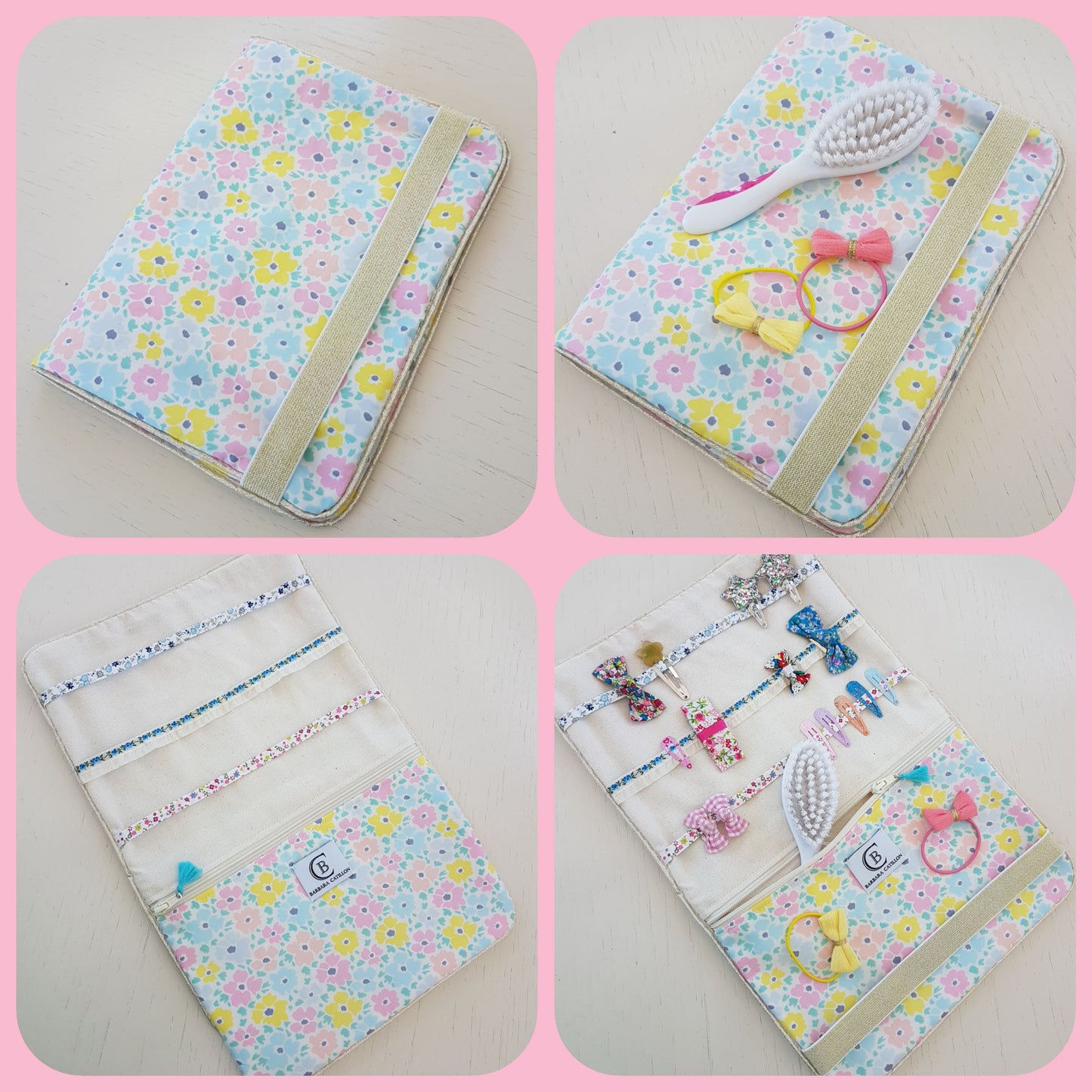 Pochette à barrettes et accessoires coiffure, coton fleuri pastel style liberty