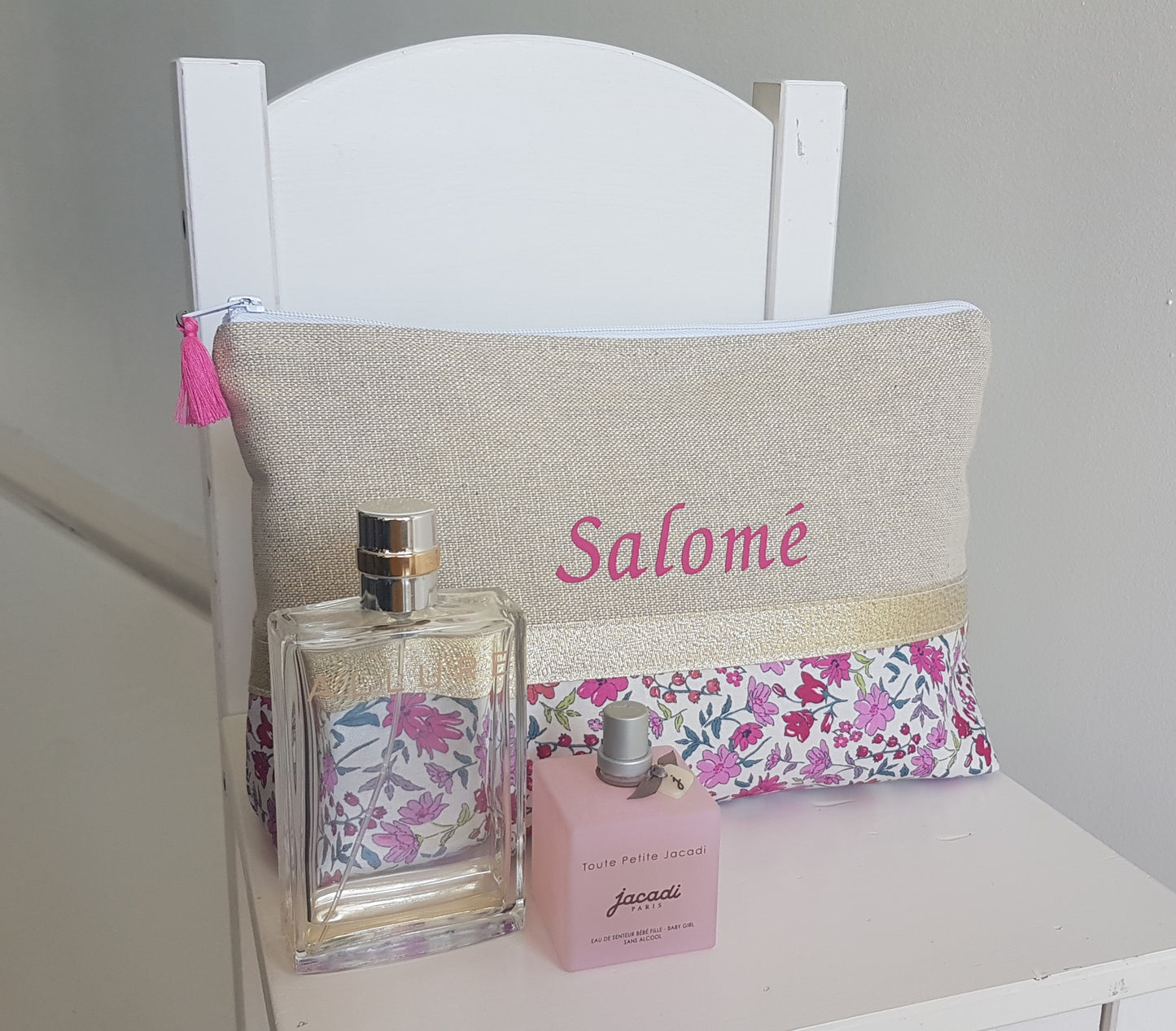 Grande pochette / trousse beige scintillant et liberty rose
