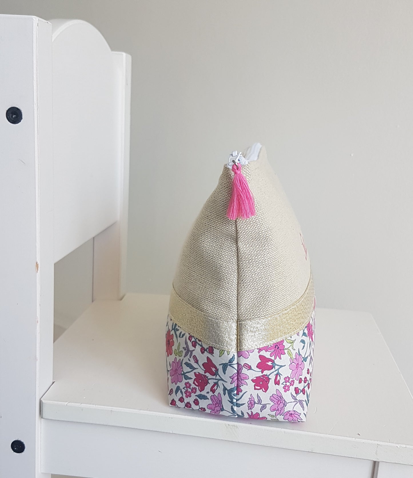 Grande pochette / trousse beige scintillant et liberty rose