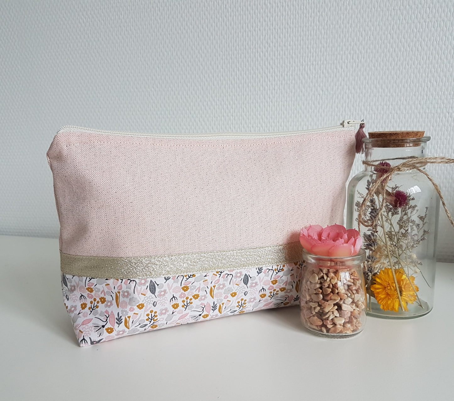 Grande pochette / trousse rose pâle scintillant et liberty