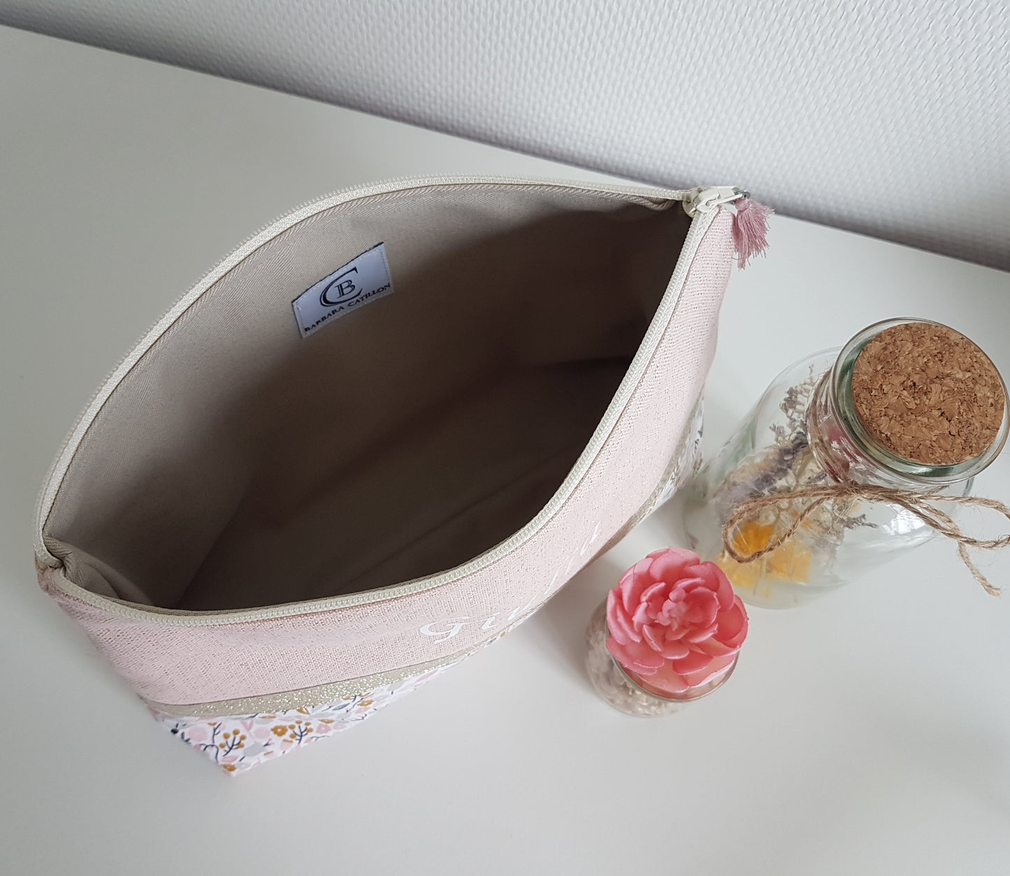 Grande pochette / trousse rose pâle scintillant et liberty