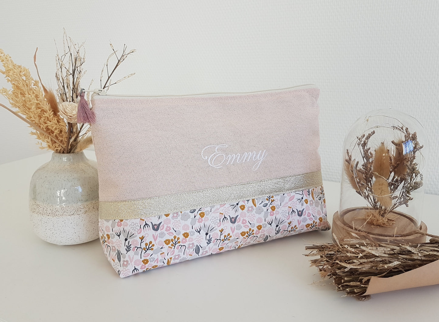 Grande pochette / trousse rose pâle scintillant et liberty