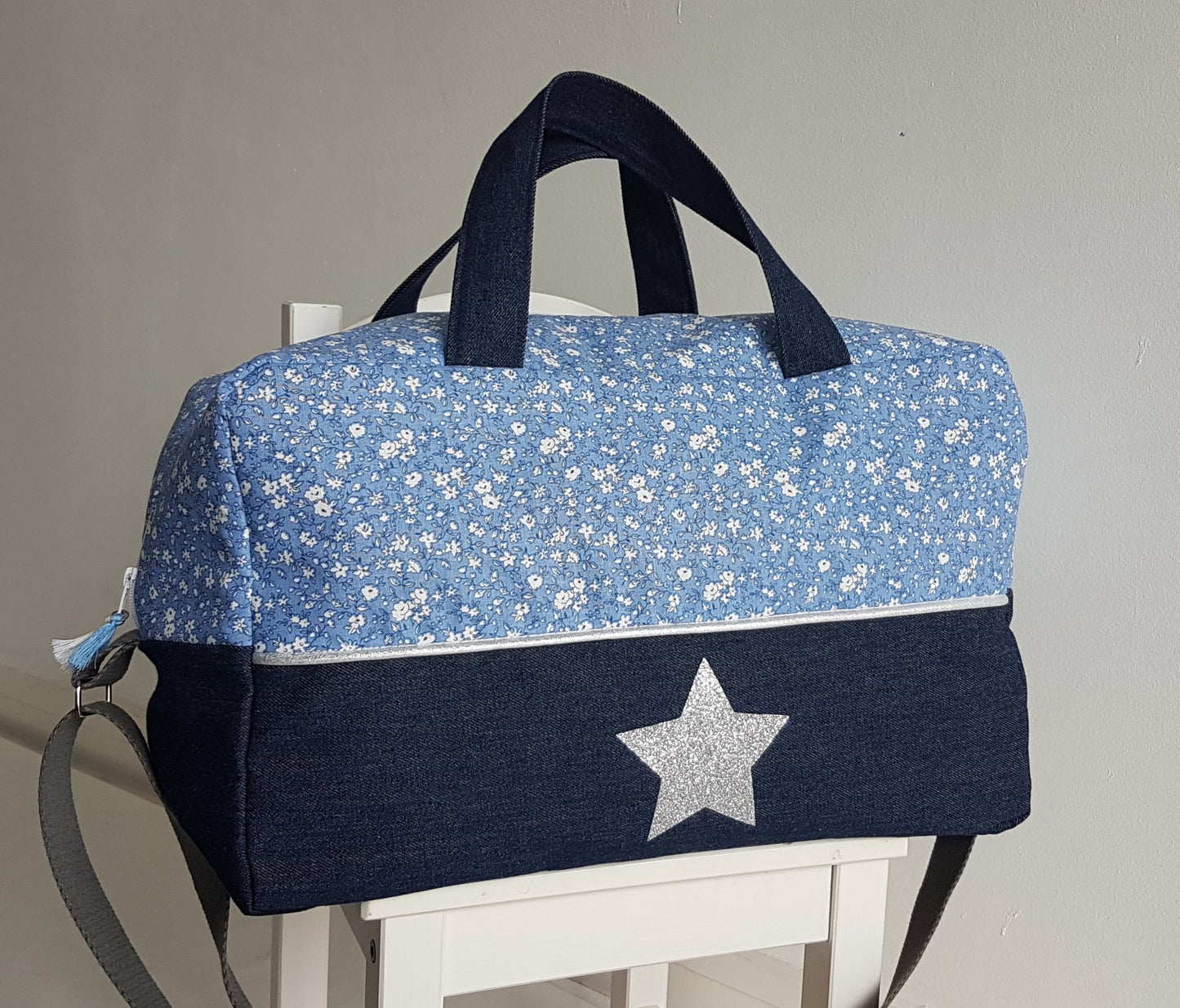 Sac à langer ou de voyage, liberty bleu et jean denim