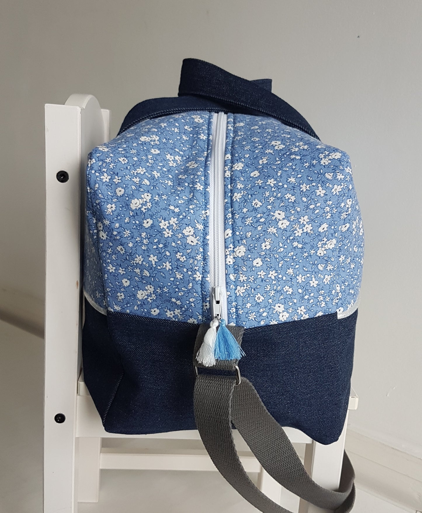 Sac à langer ou de voyage, liberty bleu et jean denim