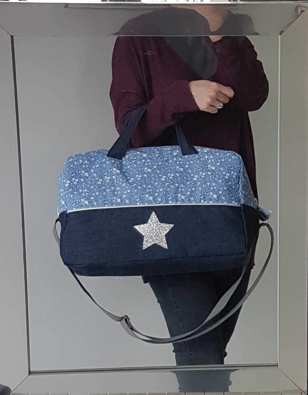 Sac à langer ou de voyage, liberty bleu et jean denim