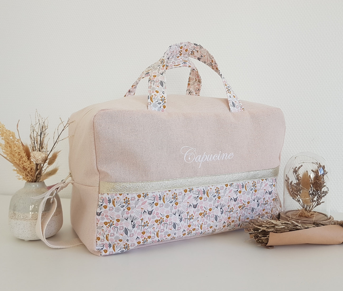 Sac à langer ou de voyage, rose pâle scintillant et liberty rose