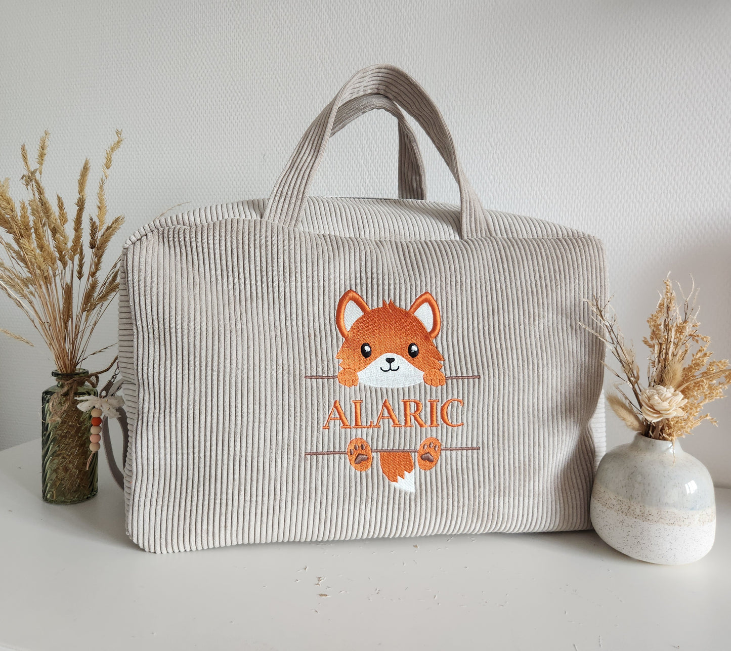 Sac à langer ou de voyage en velours côtelé beige et broderie renard