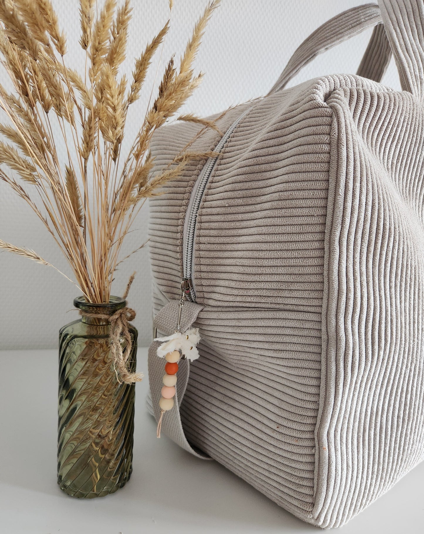 Sac à langer ou de voyage en velours côtelé beige et broderie renard