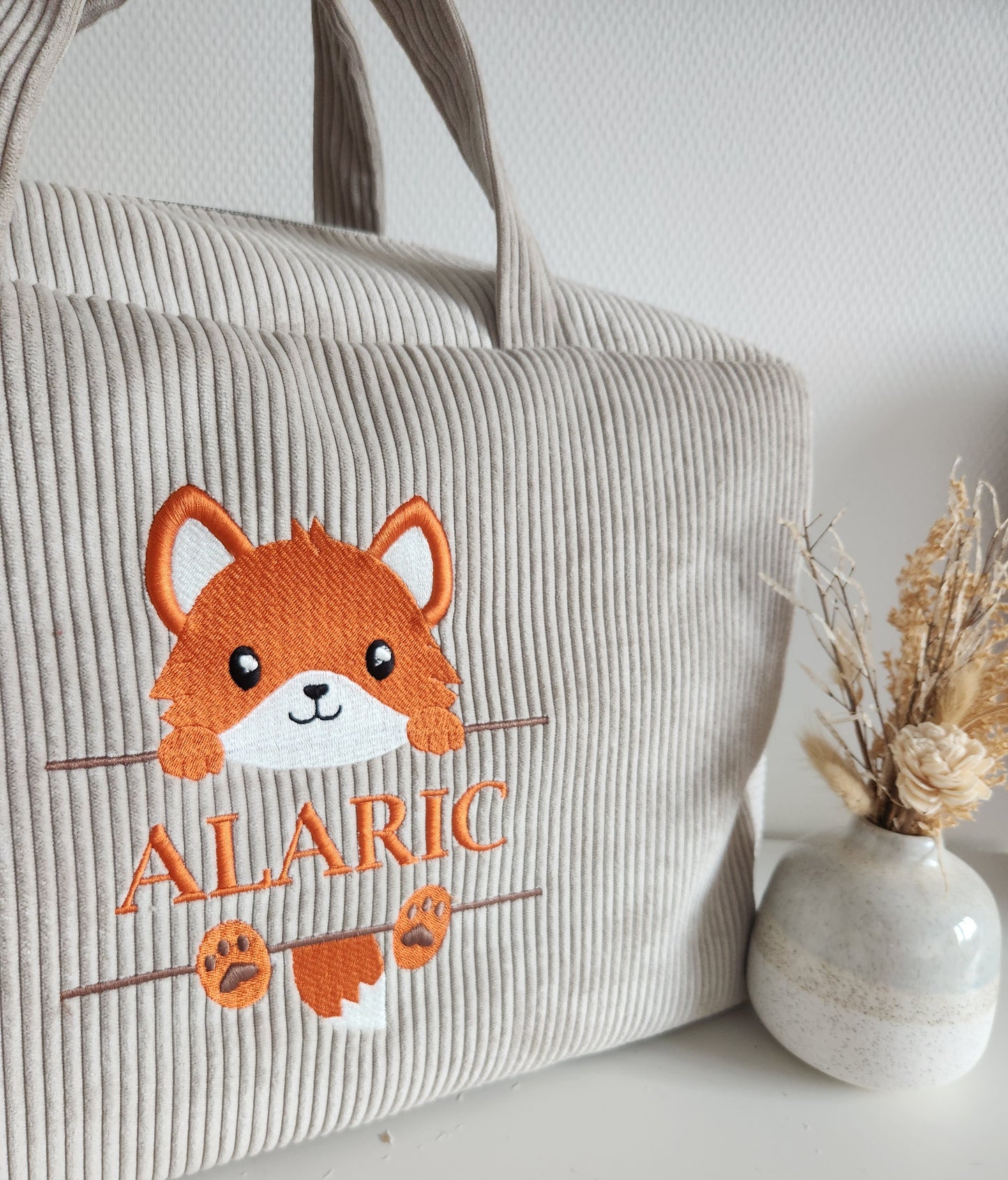 Sac à langer ou de voyage en velours côtelé beige et broderie renard
