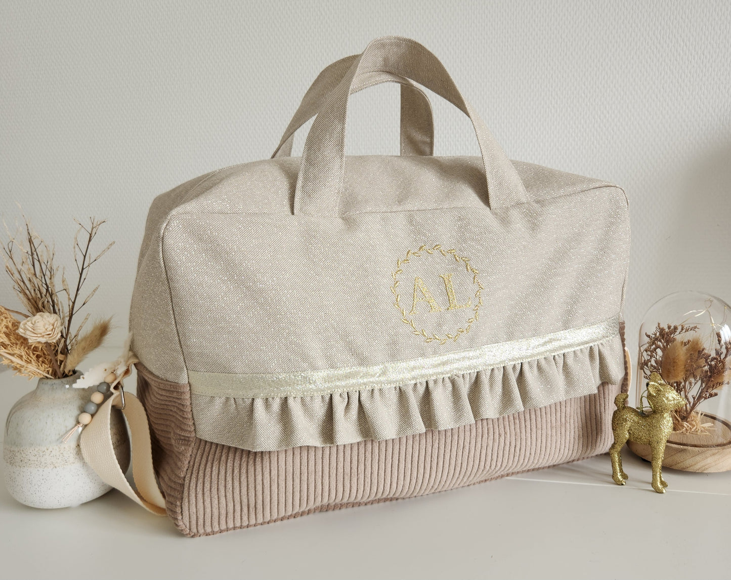 Sac à langer ou de voyage coton beige scintillant et velours côtelé