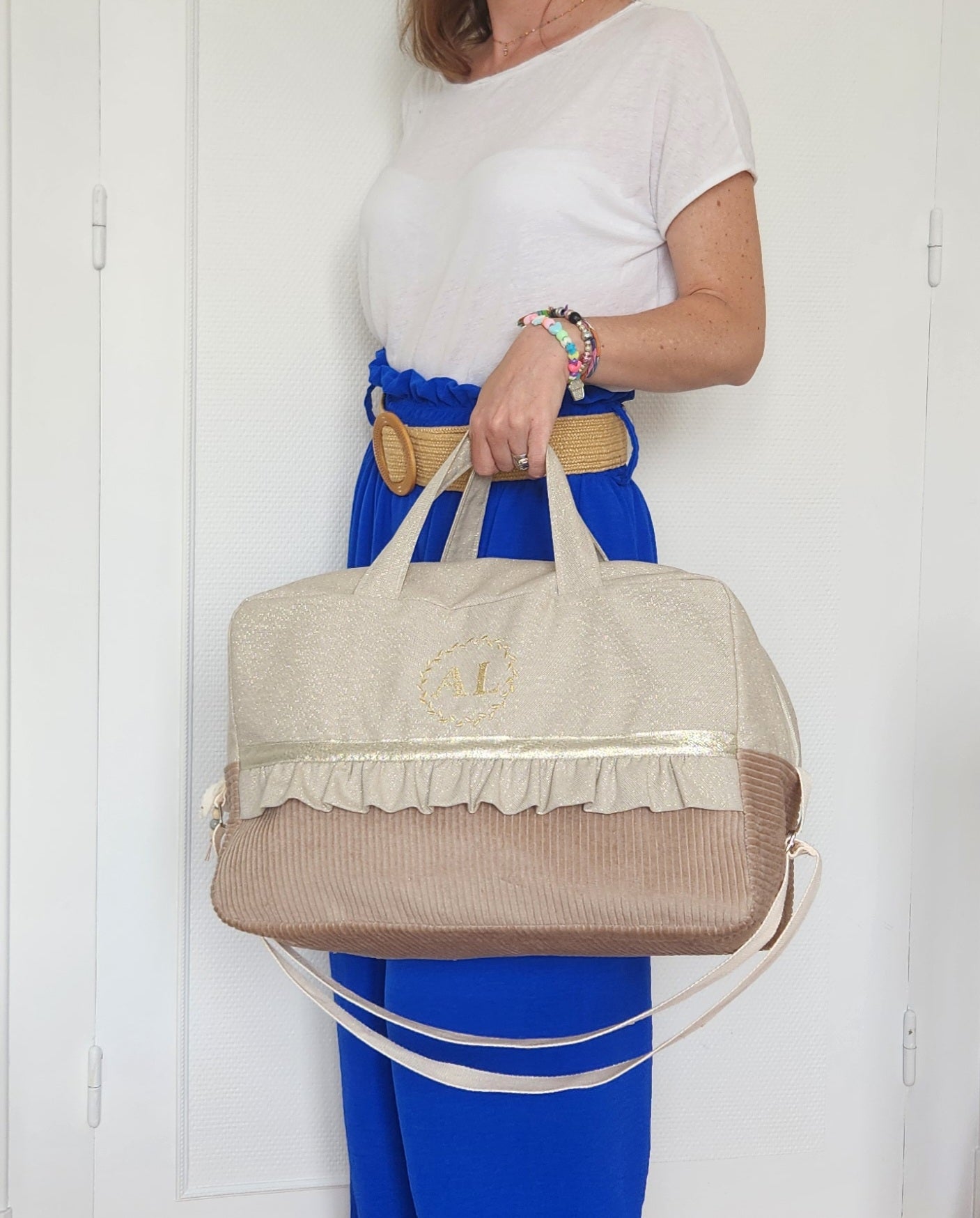 Sac à langer ou de voyage coton beige scintillant et velours côtelé