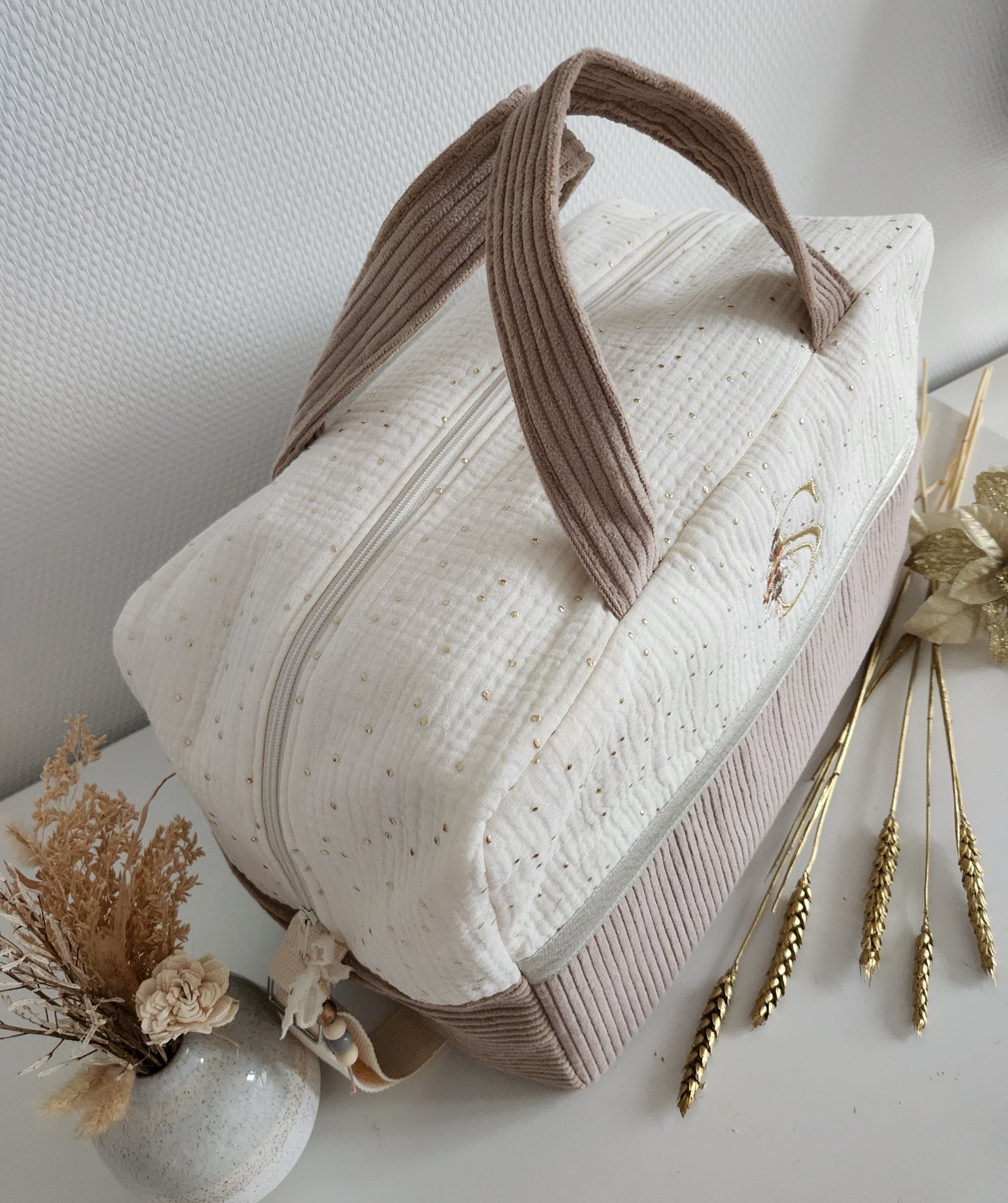 Sac à langer en gaze de coton écrue et velours côtelé beige