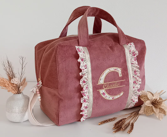 Sac à langer ou de voyage en velours côtelé et volants