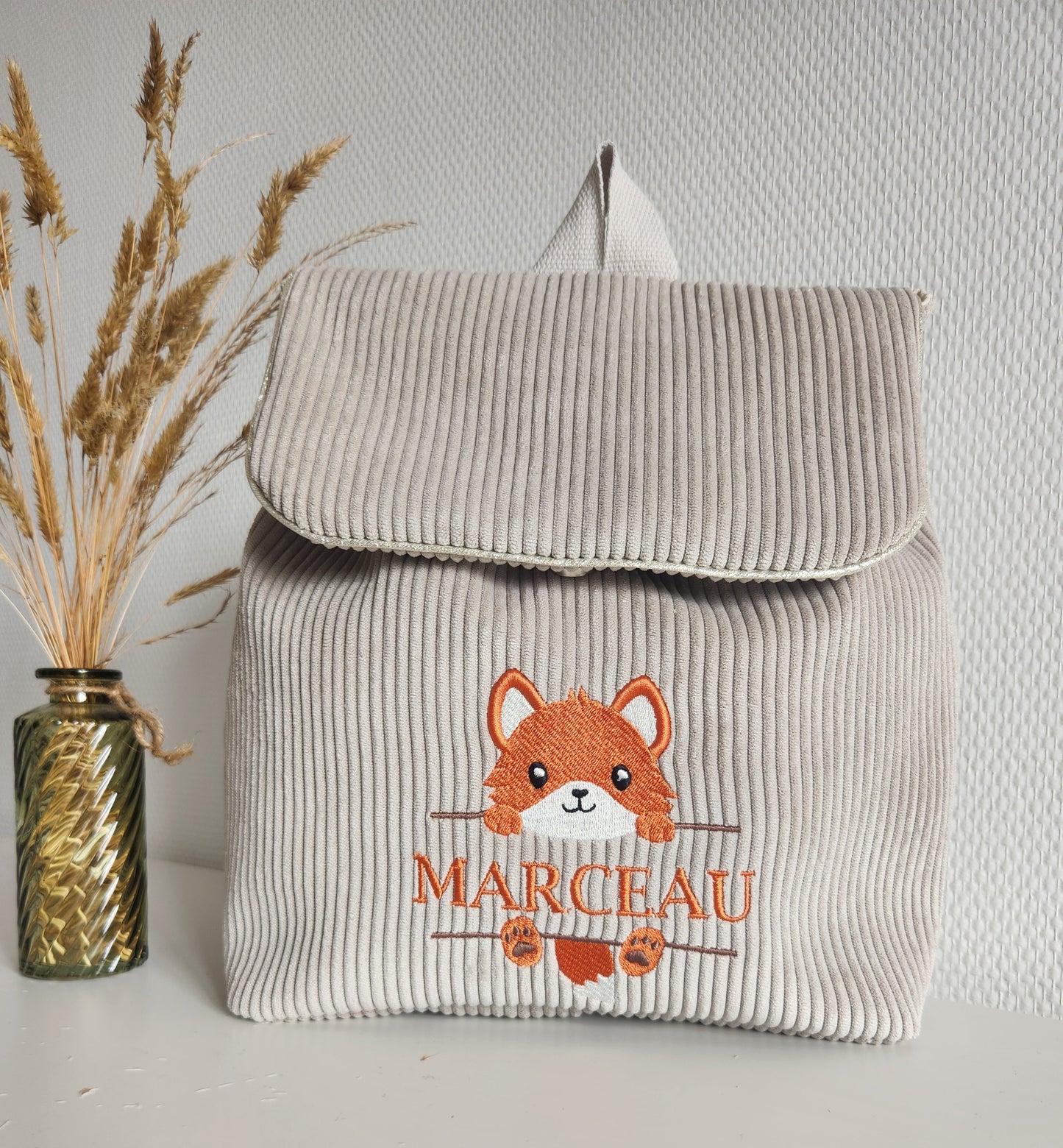 Sac à dos maternelle en velours, broderie renard