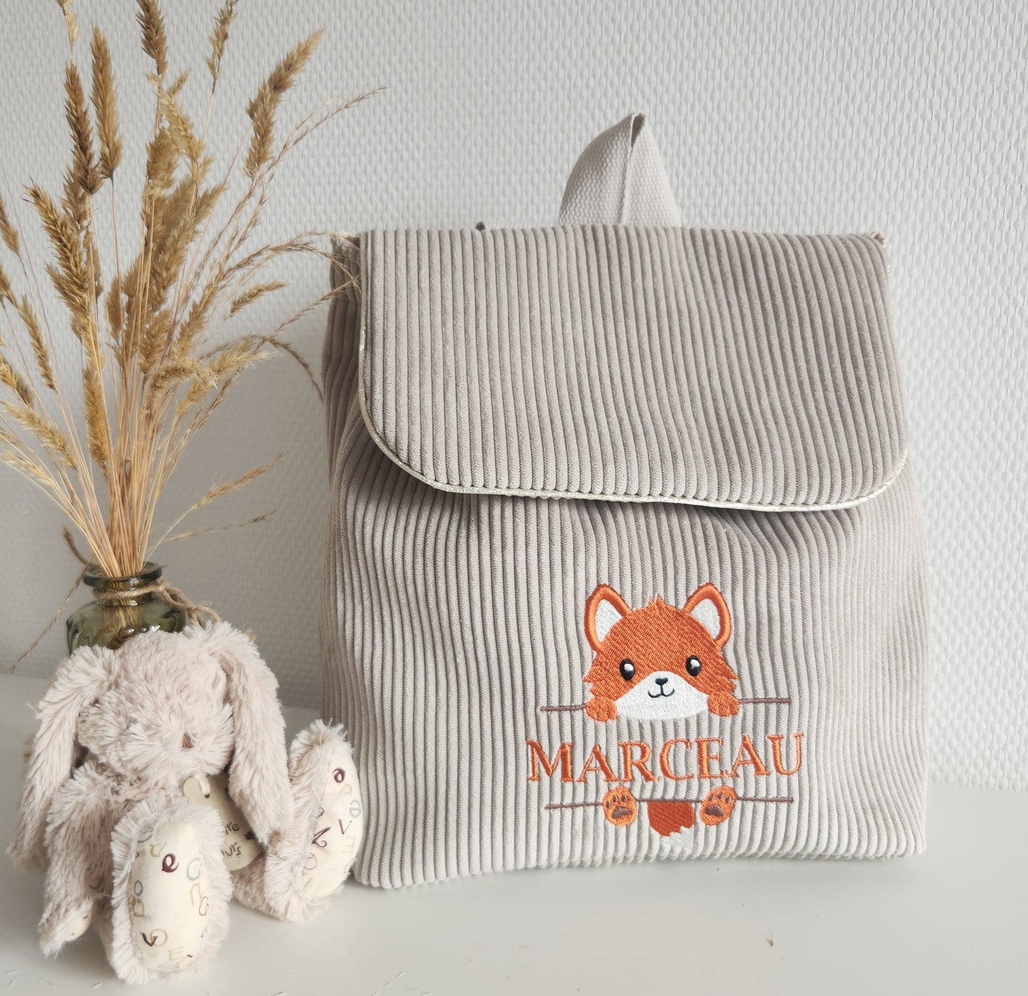 Sac à dos maternelle en velours, broderie renard