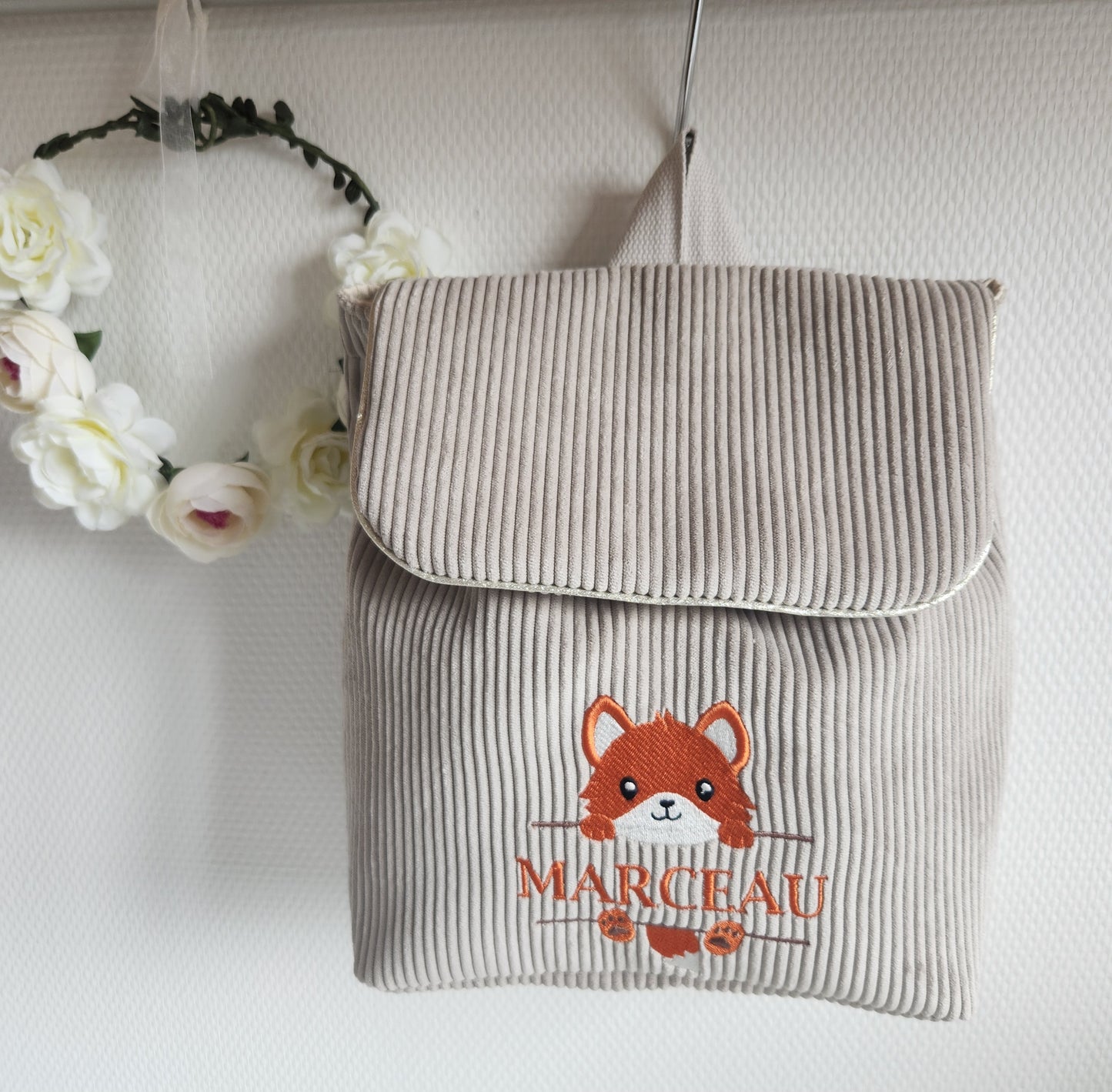 Sac à dos maternelle en velours, broderie renard