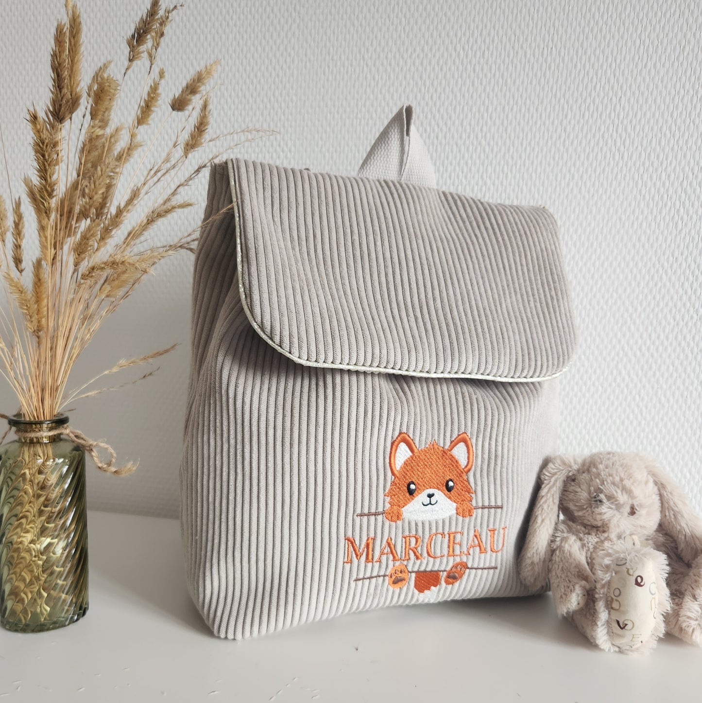 Sac à dos maternelle en velours, broderie renard
