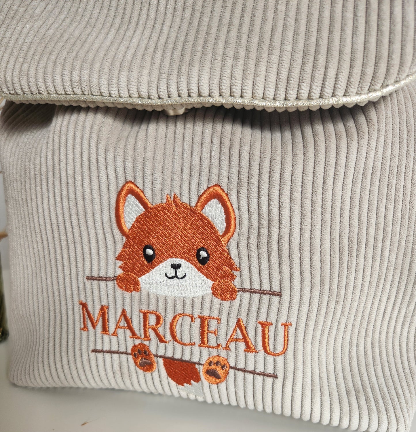 Sac à dos maternelle en velours, broderie renard