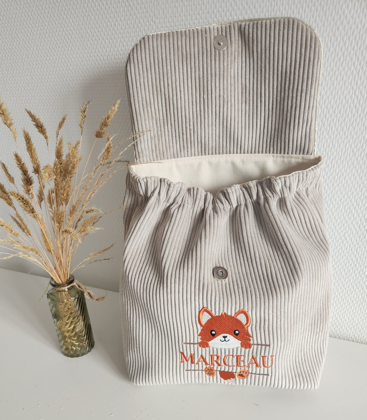 Sac à dos maternelle en velours, broderie renard