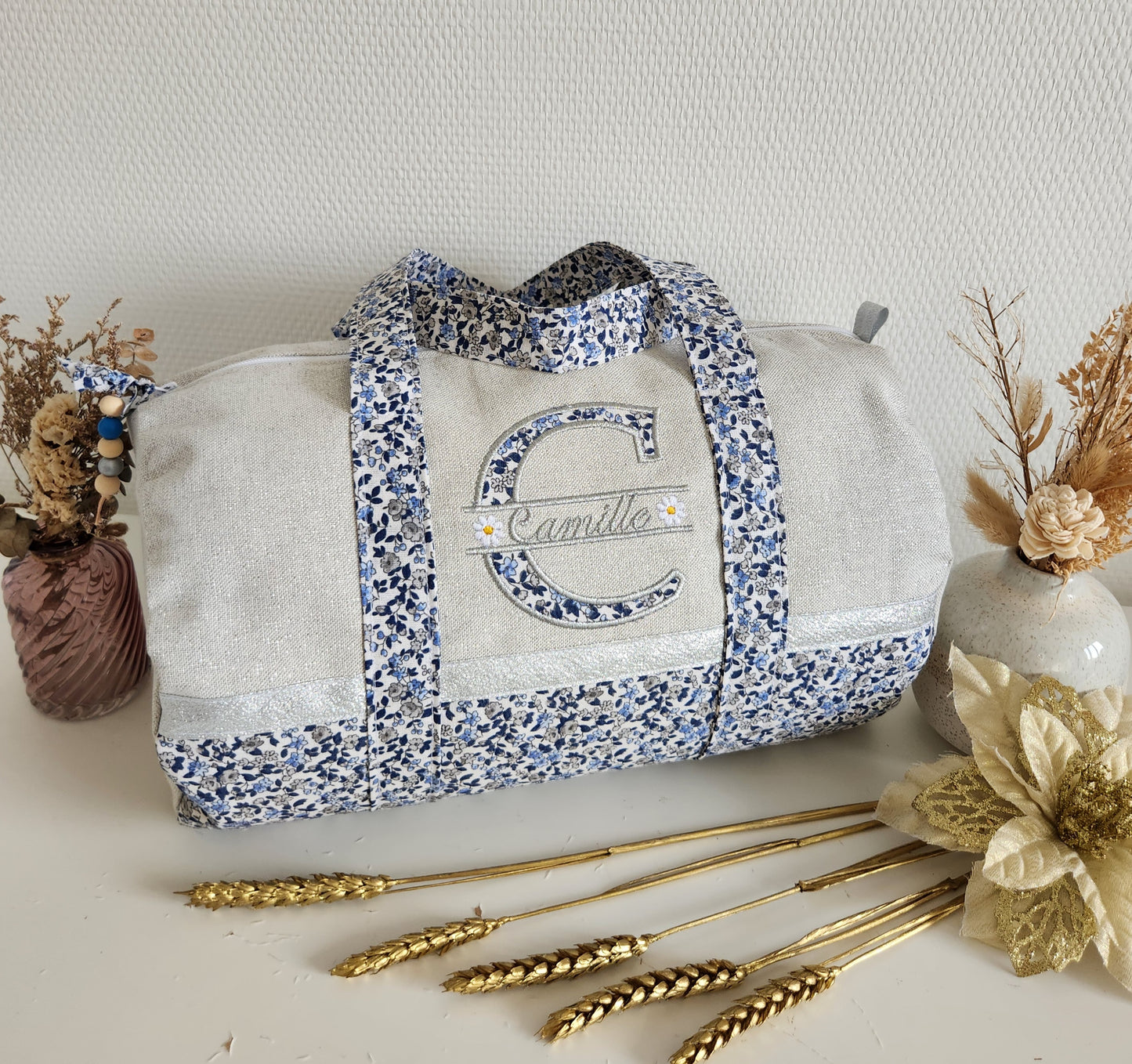Sac polochon coton gris scintillant et liberty bleu
