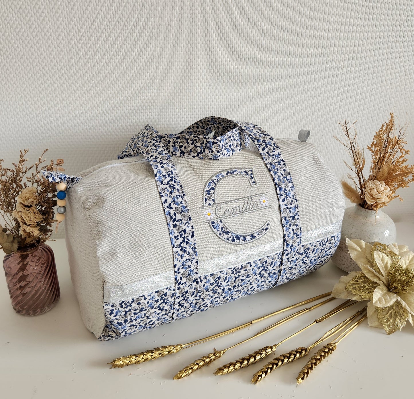Sac polochon coton gris scintillant et liberty bleu