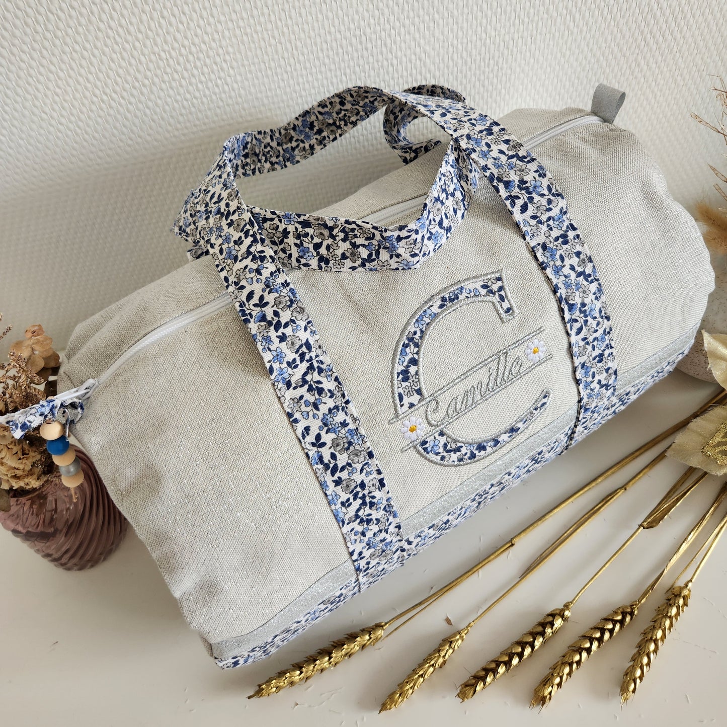 Sac polochon coton gris scintillant et liberty bleu