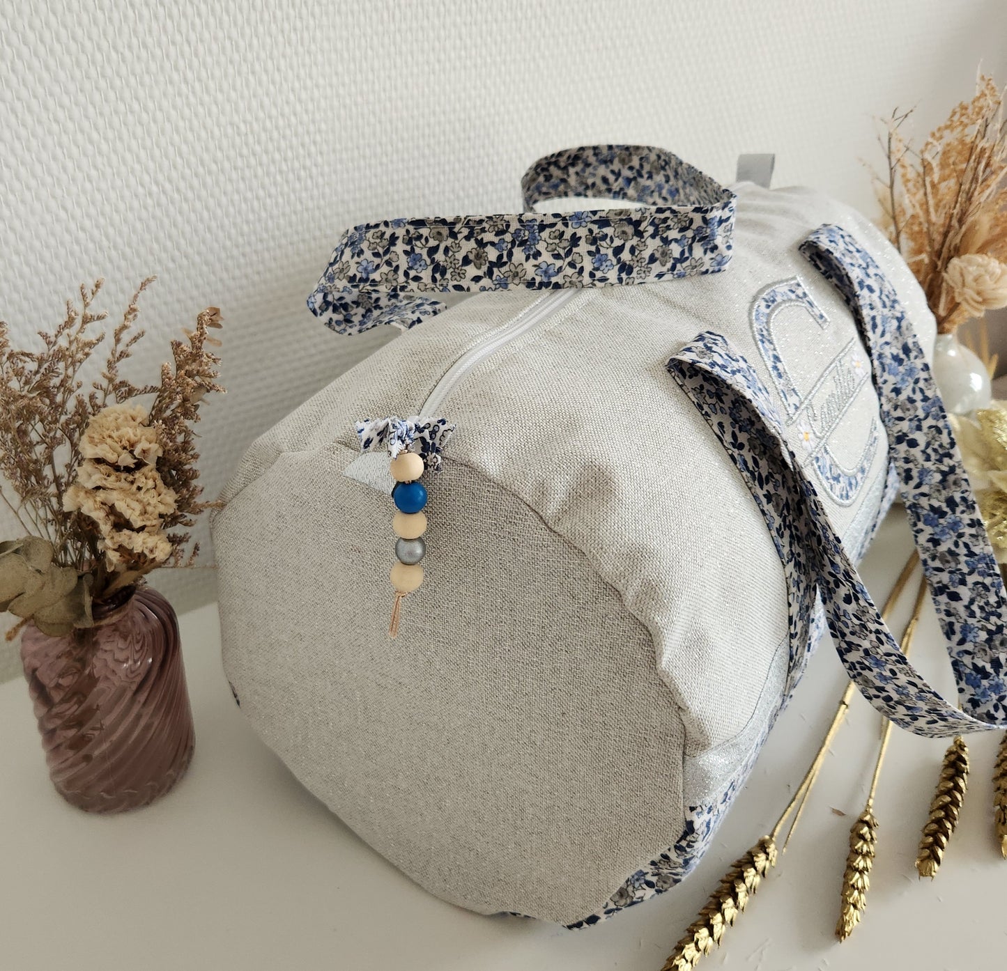 Sac polochon coton gris scintillant et liberty bleu