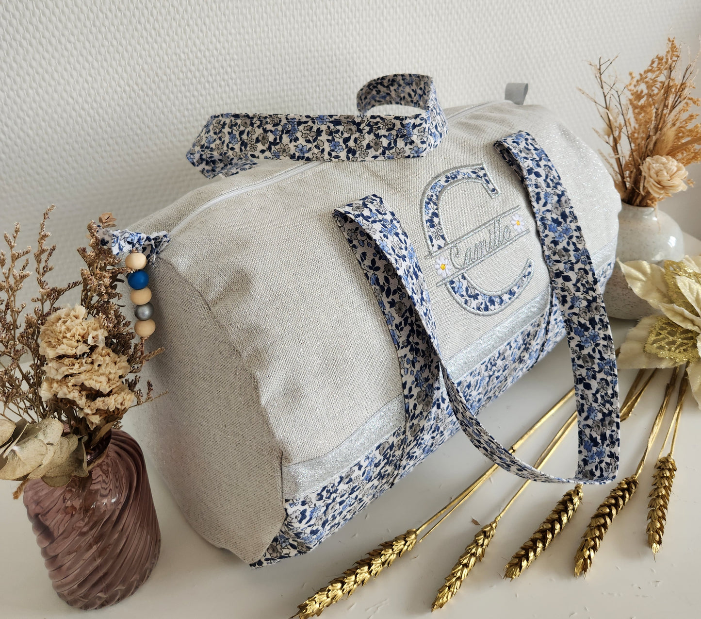 Sac polochon coton gris scintillant et liberty bleu