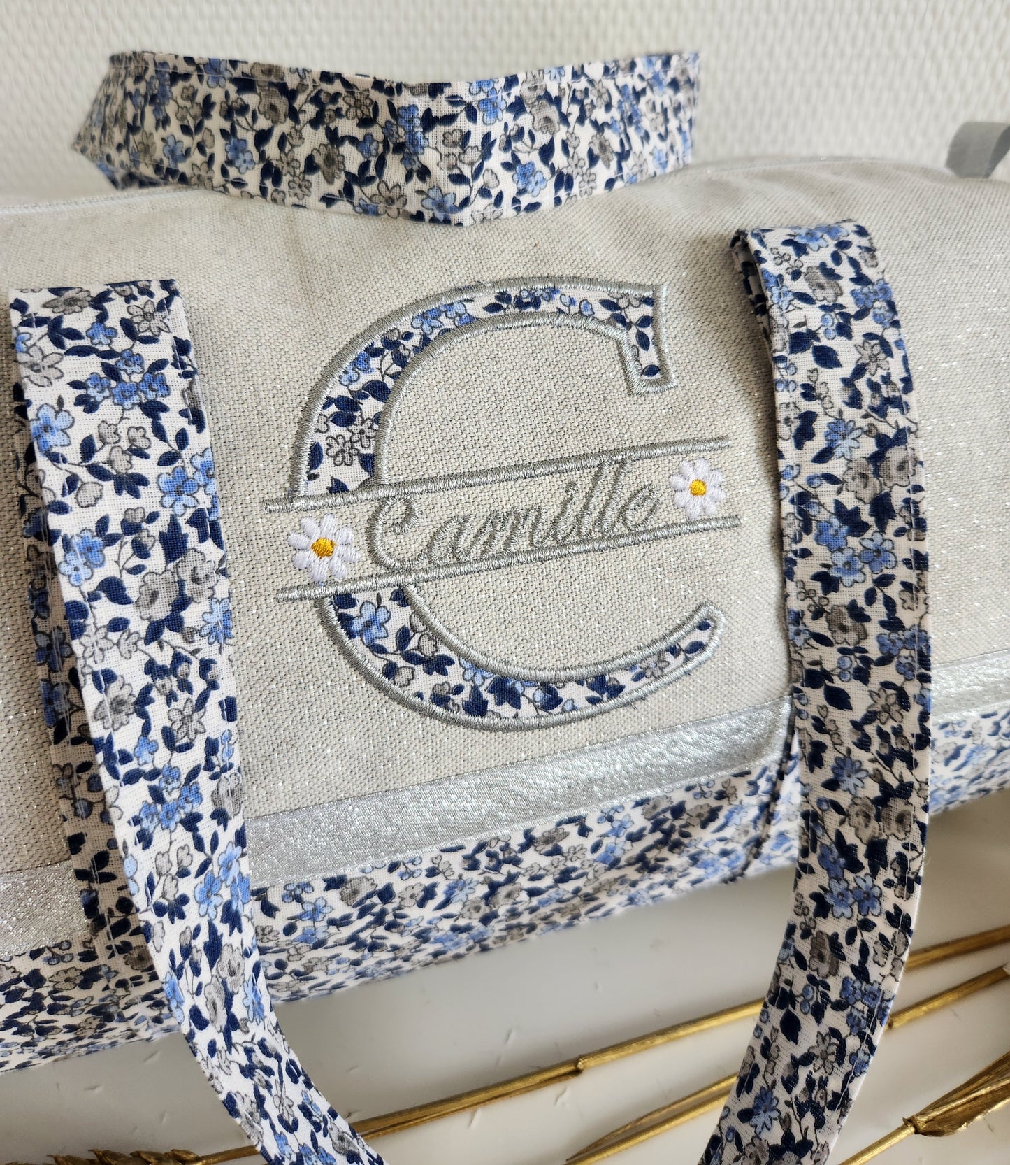 Sac polochon coton gris scintillant et liberty bleu