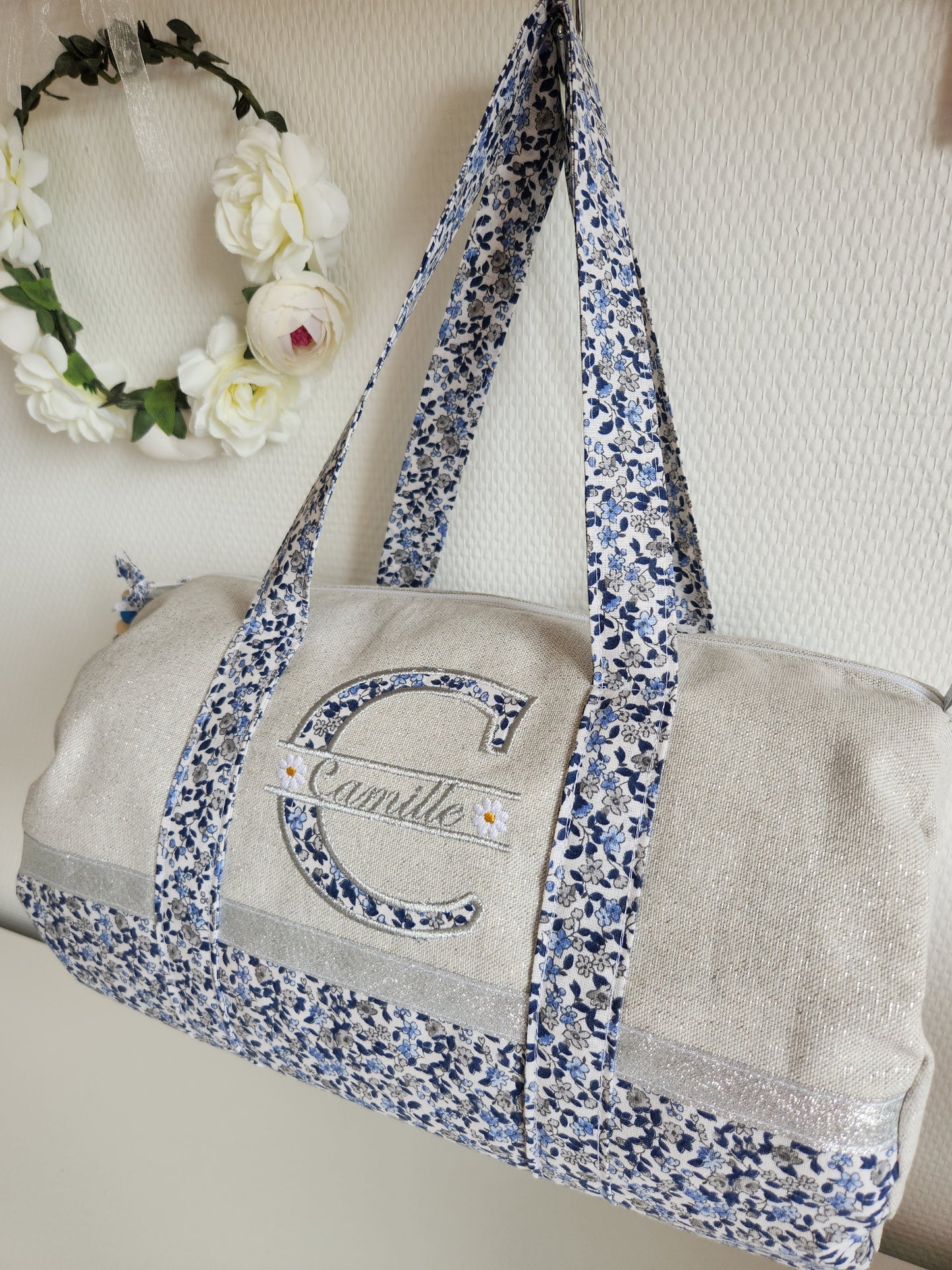 Sac polochon coton gris scintillant et liberty bleu