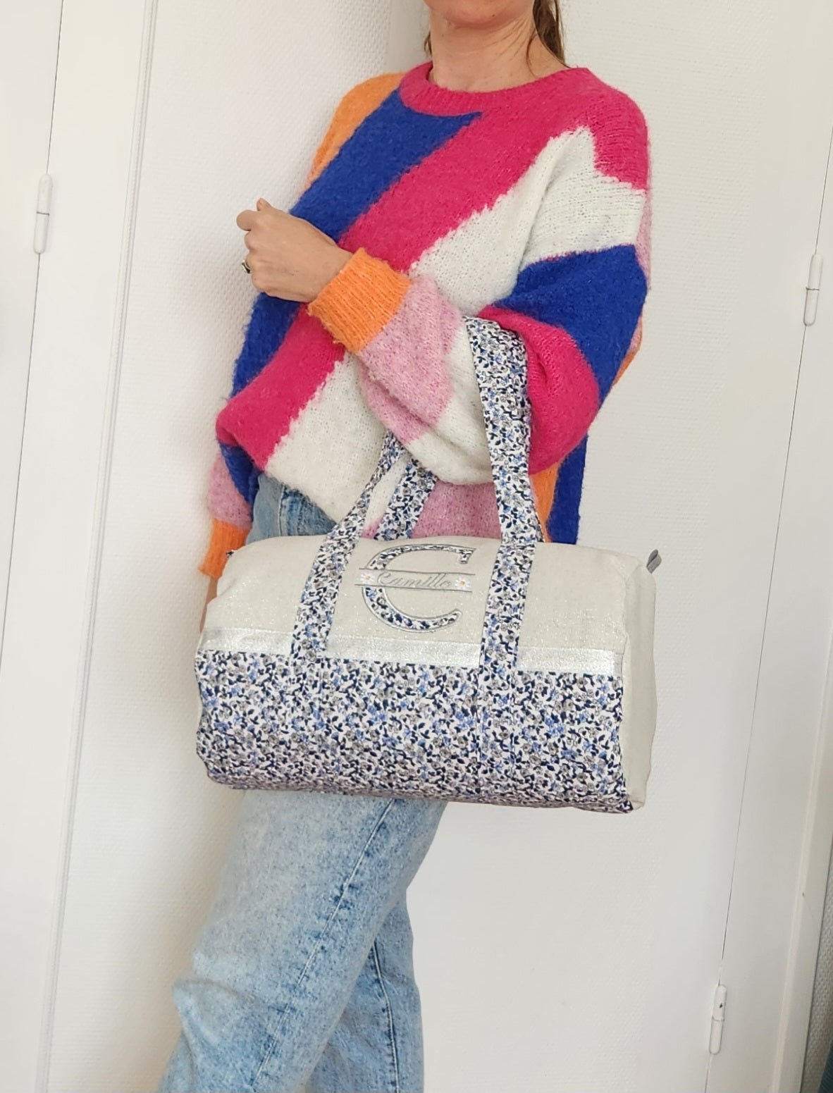 Sac polochon coton gris scintillant et liberty bleu