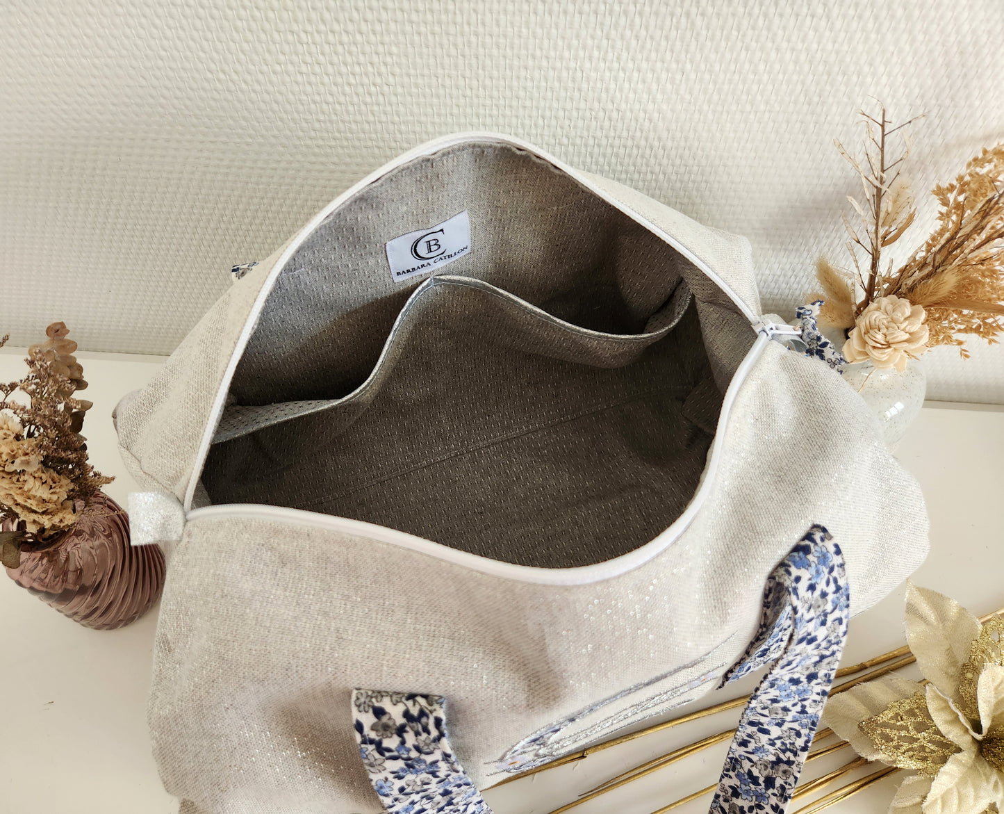 Sac polochon coton gris scintillant et liberty bleu