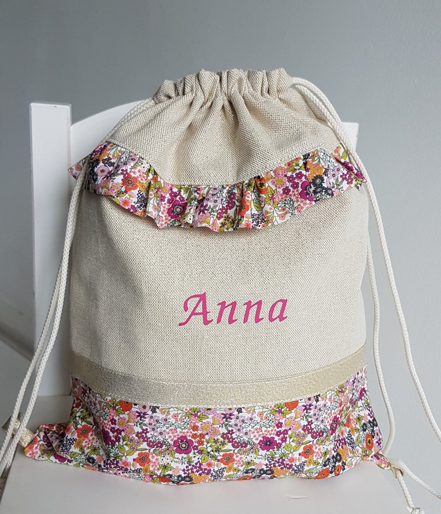 Sac à dos enfant beige scintillant et liberty orange.
